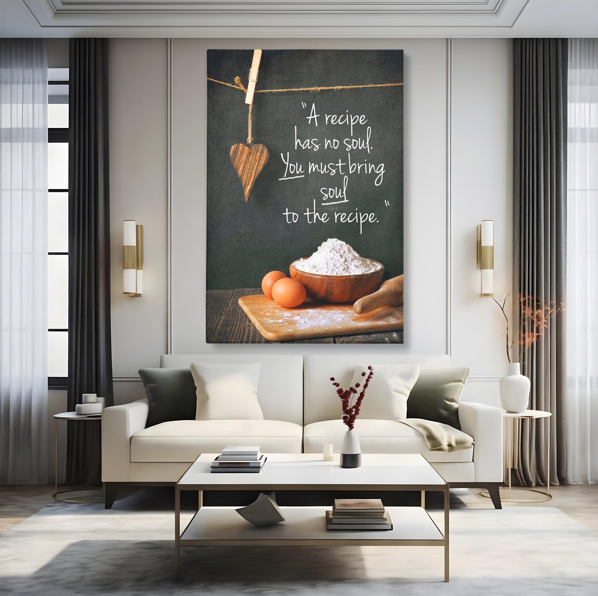 Tablou canvas cu tablou canvas cu reteta si faina, fara rama, pe sasiu de lemn, pe perete intr-un living